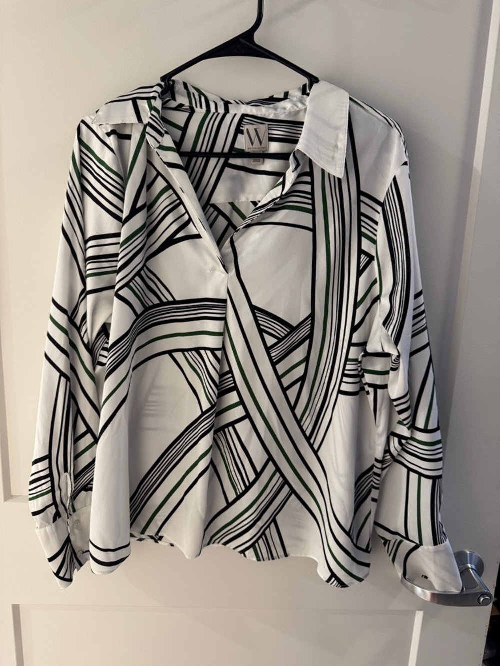 Worthington White Button-Front Blouse with Black and Green Geometric Stripes